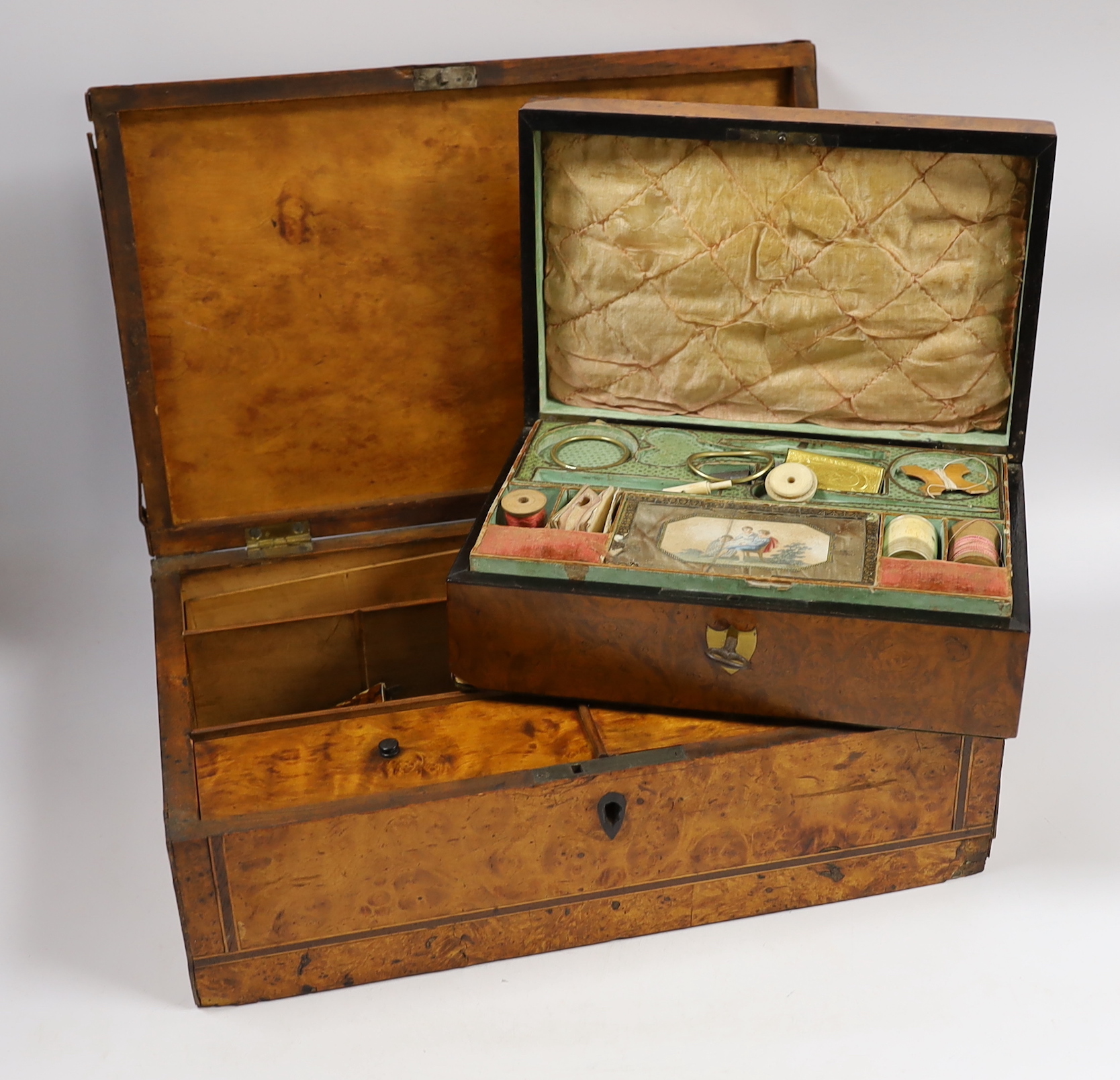 An early 19th century French bird's-eye maple and a walnut sewing box containing some sewing accessories, 24 x 16 x 8cm